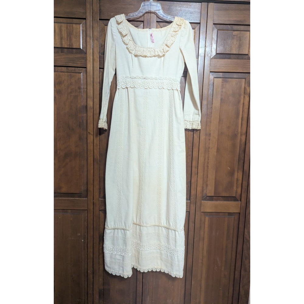 Vintage Wedding Dress Sz XS Embelished Maxi Ivory Boho Hand Made